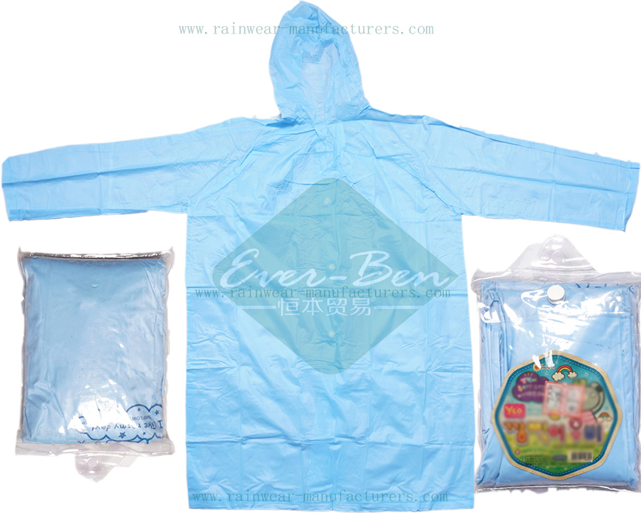Blue plastic hooded rain mac for children-packable rain gear